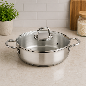 Korkmaz Stainless Steel Casserole With Glass Lid And Double Handles- 22 x 6 cm