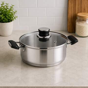 Korkmaz Stainless Steel Casserole With Glass Lid And Black Handles - 20 x 10 cm
