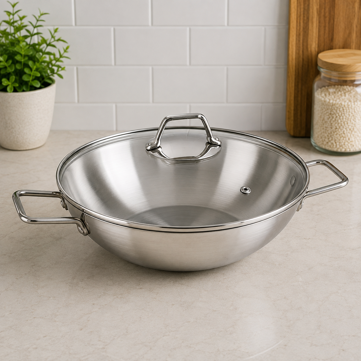 Korkmaz Stainless Steel Karahi With Lid And Double Handles - 28 x 8.5 cm
