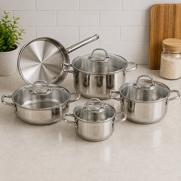 Korkmaz Stainless Steel Cookware Set With Glass Lids - 9 Piece Set