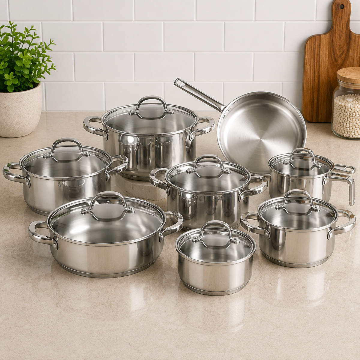 Korkmaz Stainless Steel Cookware Set With Lids And Frying Pan - 14 Piece Set