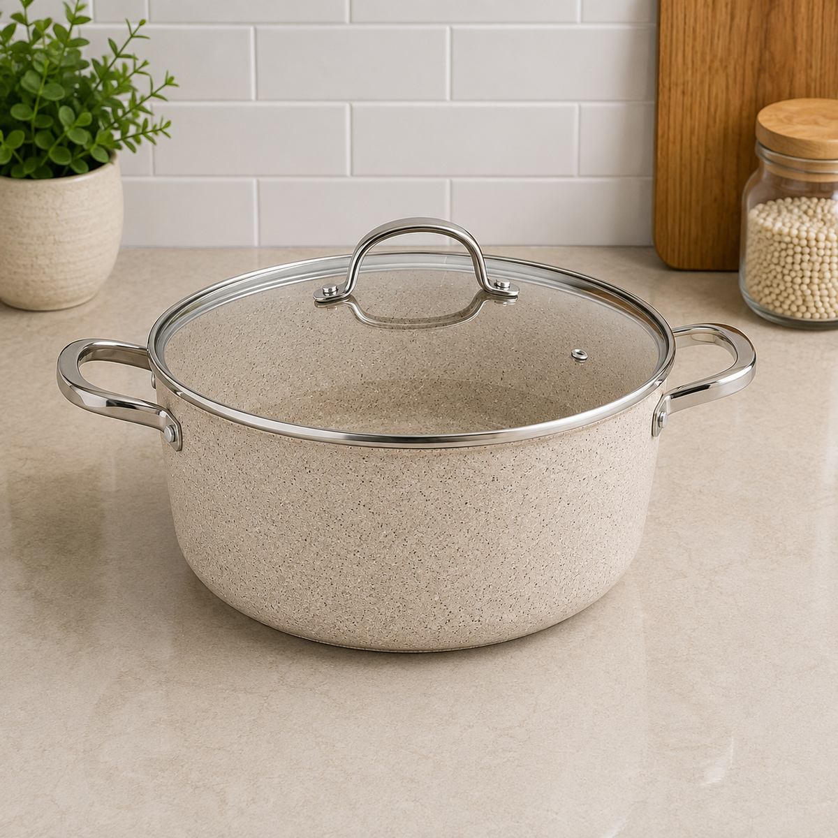 Korkmaz Granite Non-stick Cooking Pot With Glass Lid And Double Handles -  24 x 12.5 cm