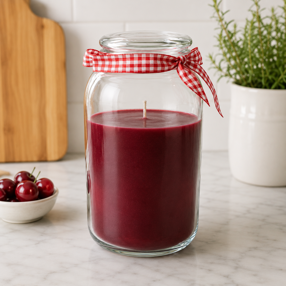 Danny Home Red Wax Glass Jar Candle With Lid And Gingham Ribbon - 9 x 25 cm